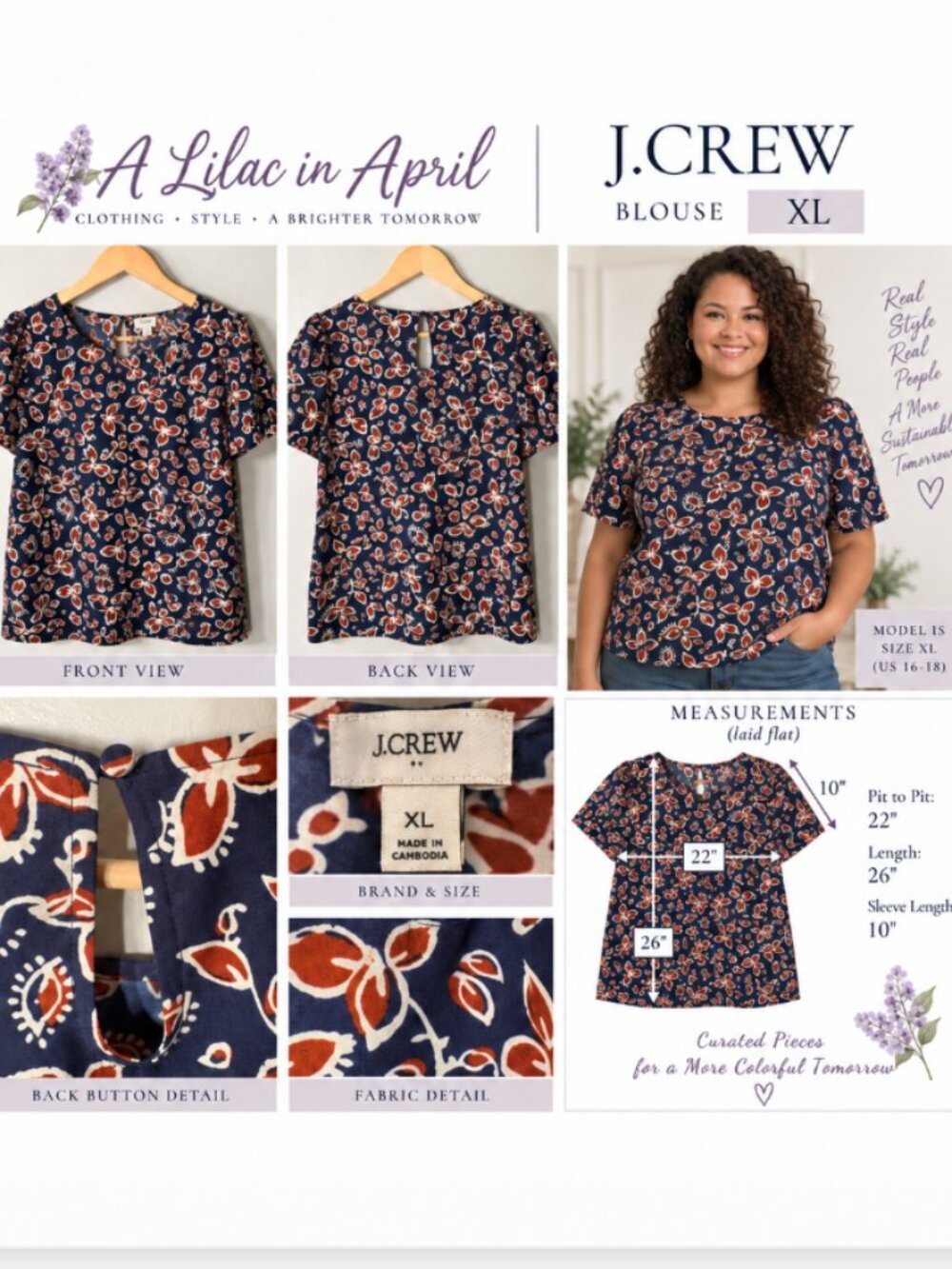 J.Crew Navy Blue Rust Floral Print Short Sleeve Blouse Top XL